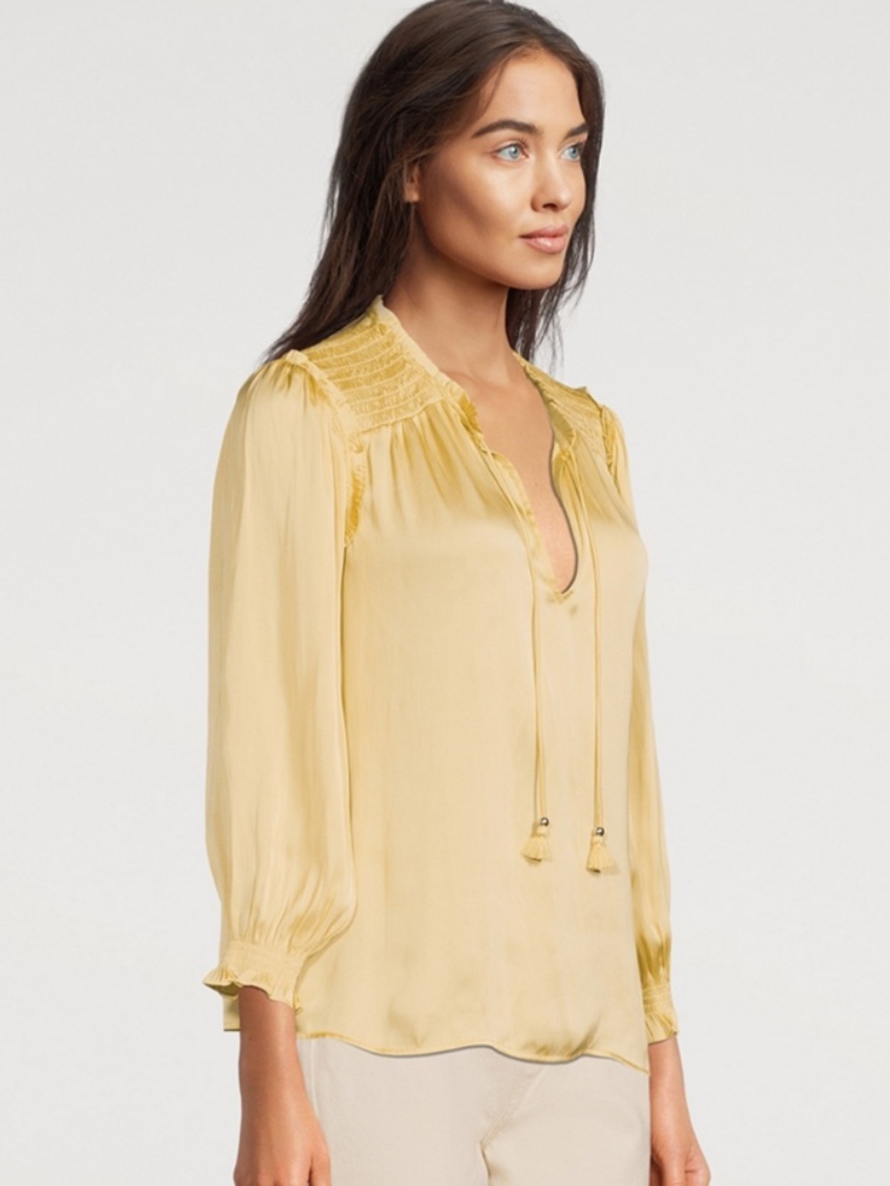 NWOT Maison d’Amėlie Mustard Yellow Blouse XS Tie Front Cinched Sleeves viral